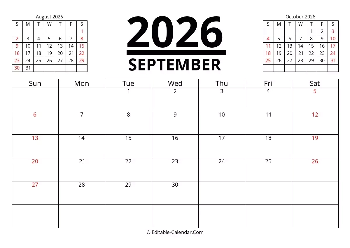 Editable Calendar September 2026 In Excel Word PDF