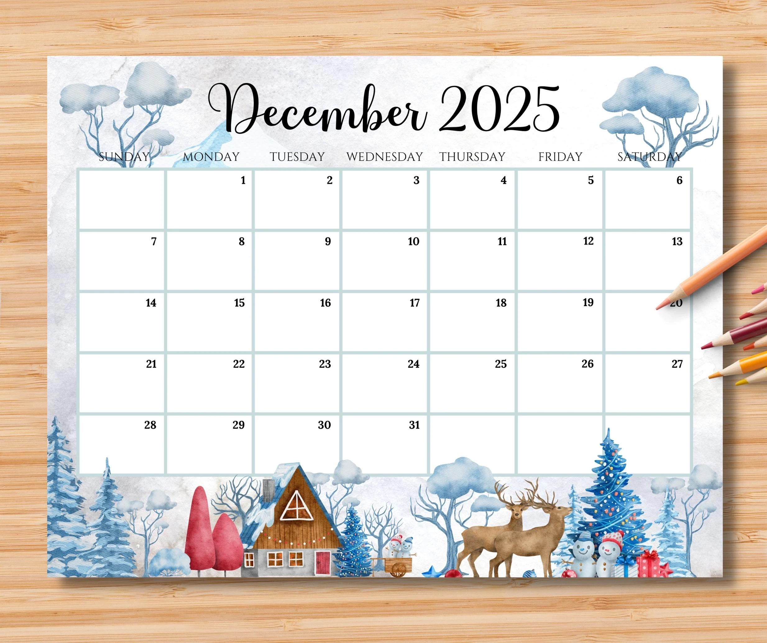 EDITABLE December 2025 Calendar Beautiful Winter In A Highland Planner Printable Monthly Calendar For Kid School Home Work Office Digital Etsy Canada