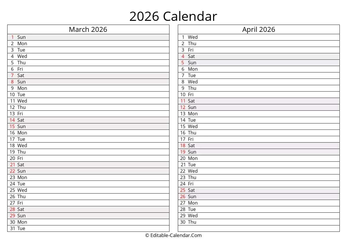 Editable March April 2026 Calendar In Excel Word PDF Editable March April 2026 Calendar In Excel Word PDF
