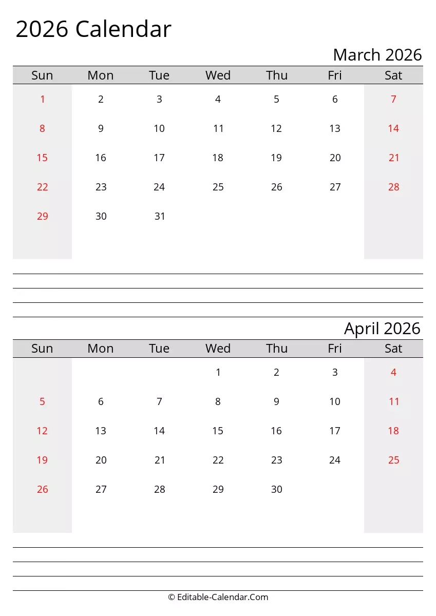 Editable March April 2026 Calendar In Excel Word PDF Editable March April 2026 Calendar In Excel Word PDF