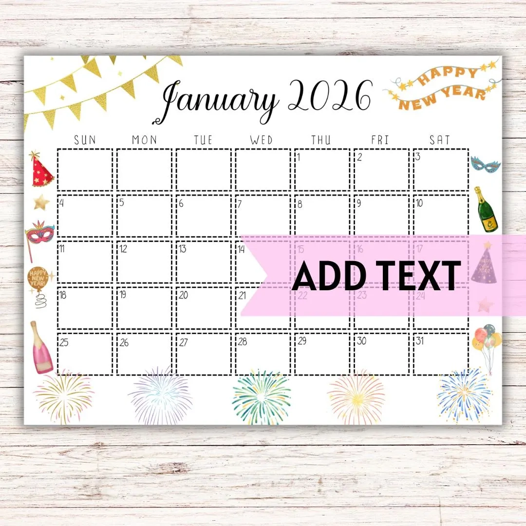 EDITABLE Printable January 2026 Calendar New Year s Day Themed Calendar W Pink Champagne And Fireworks Holiday Calendar Fillable Etsy