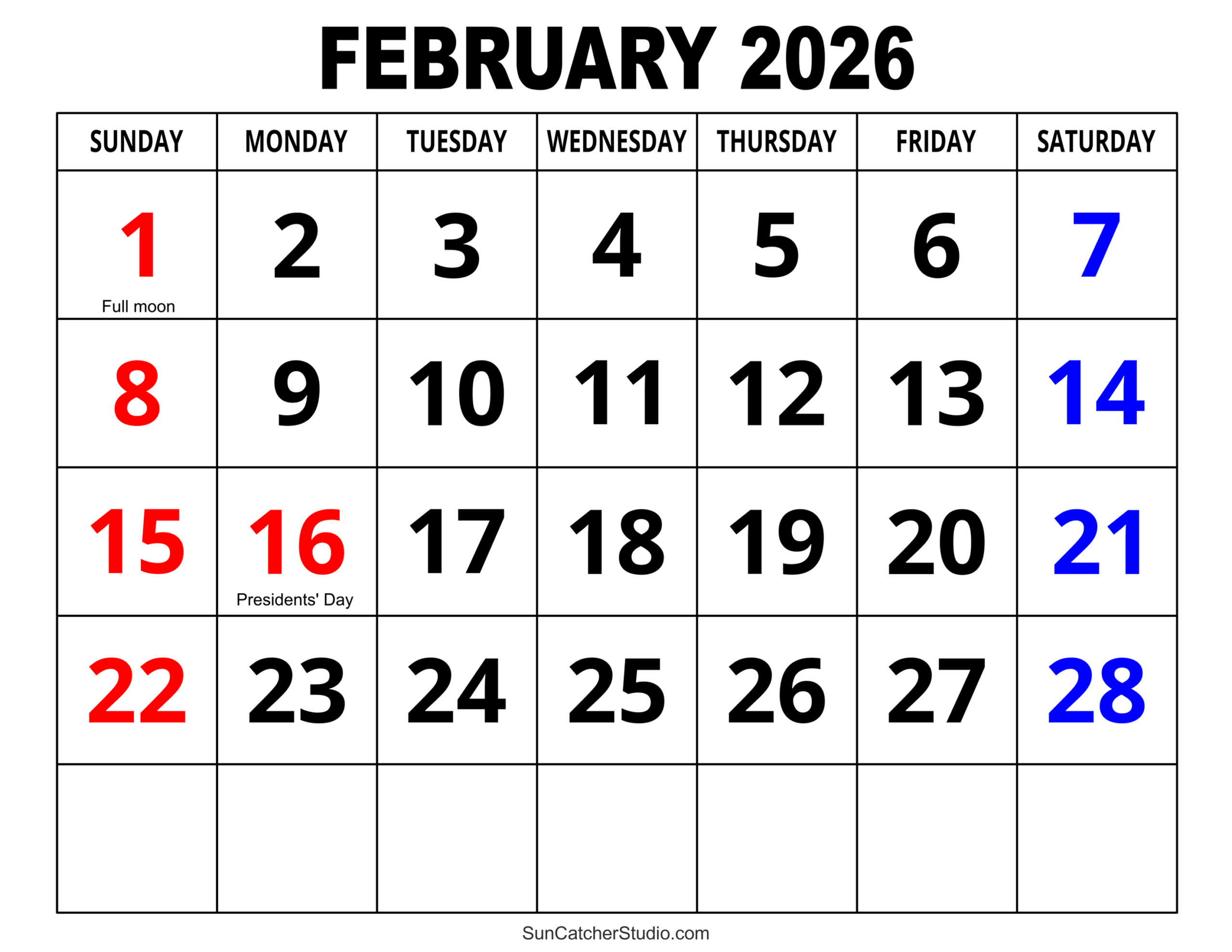 2026 Printable Calendar By Month February