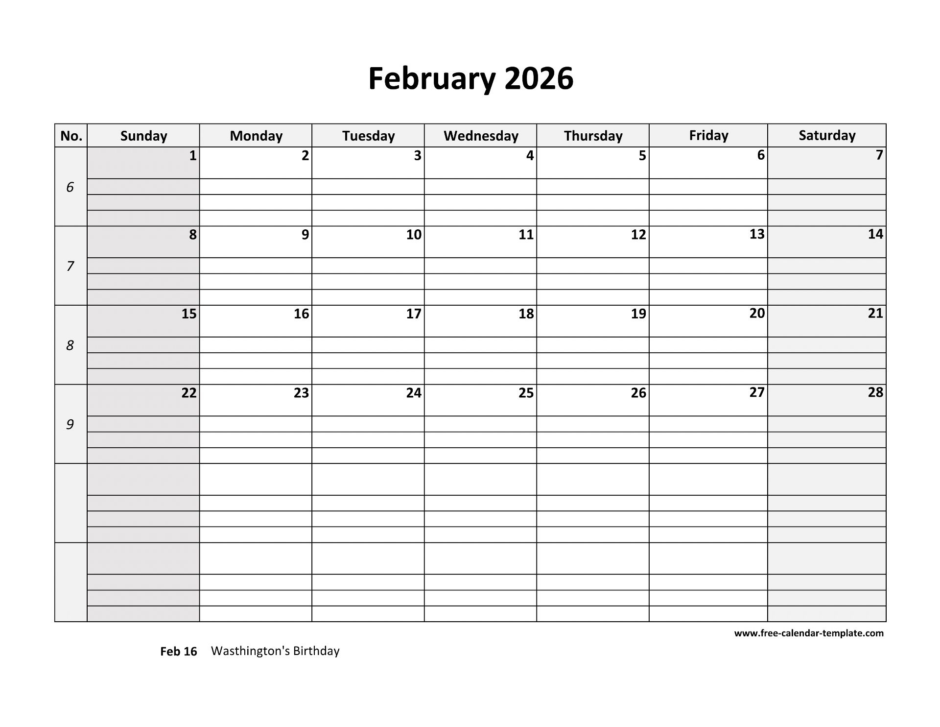 February 2026 Calendar Free Printable With Grid Lines Designed horizontal Free calendar template February 2026 Calendar Free Printable With Grid Lines Designed horizontal Free calendar template