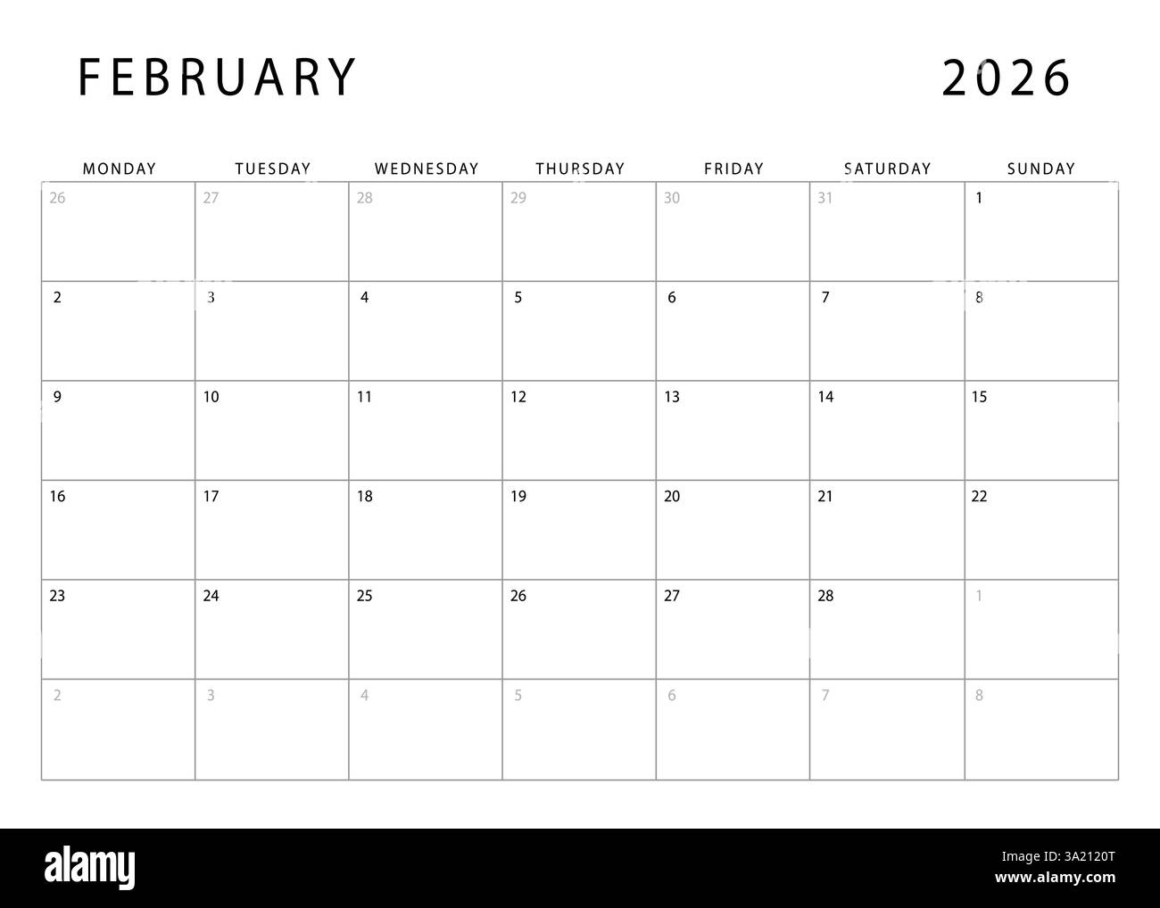 february 2026 calendar monthly planner template monday start vector design stock vector image art alamy