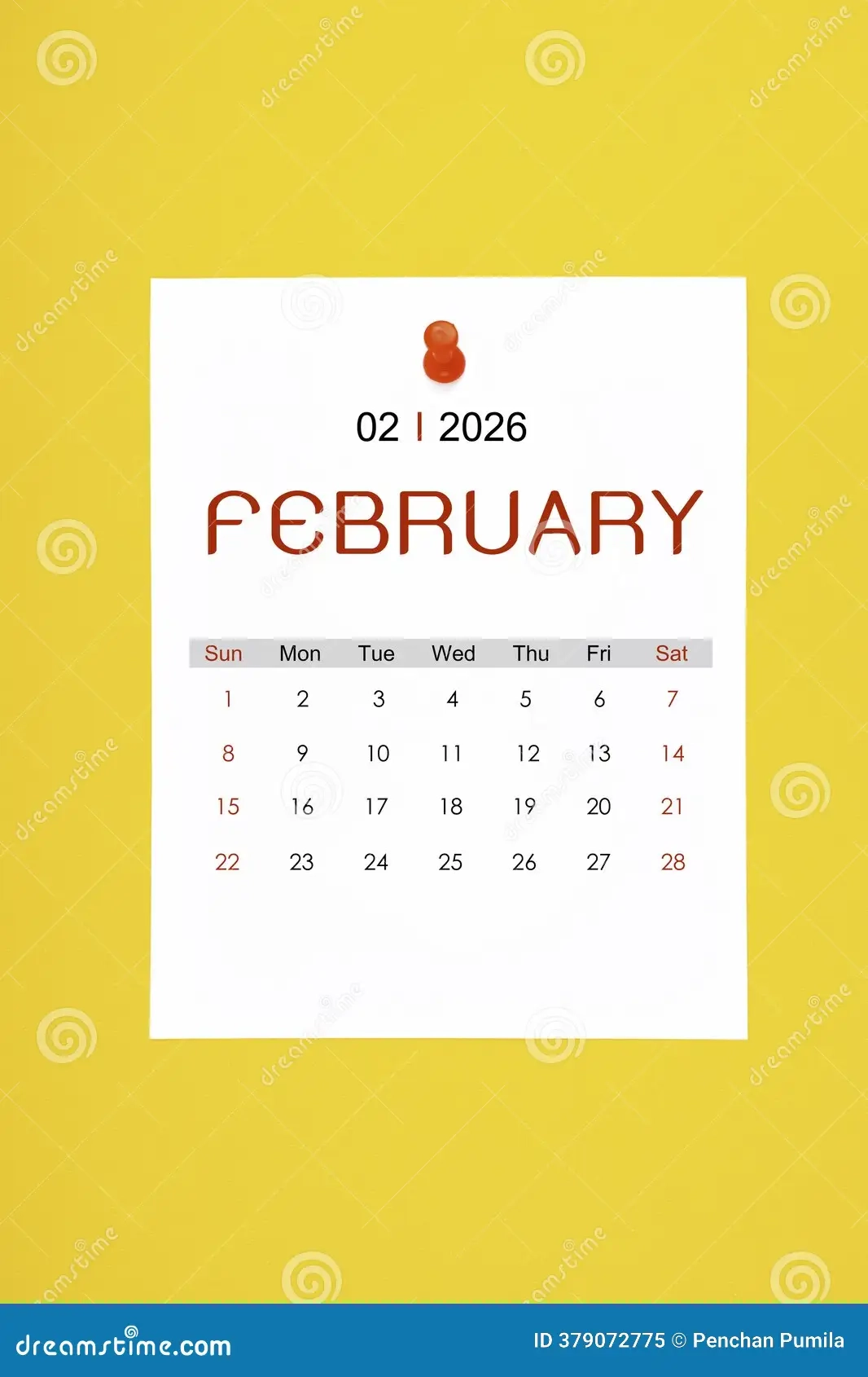 February 2026 Calendar Page With Push Pin On Yellow Background Stock Image Image Of Page Organizer 379072775