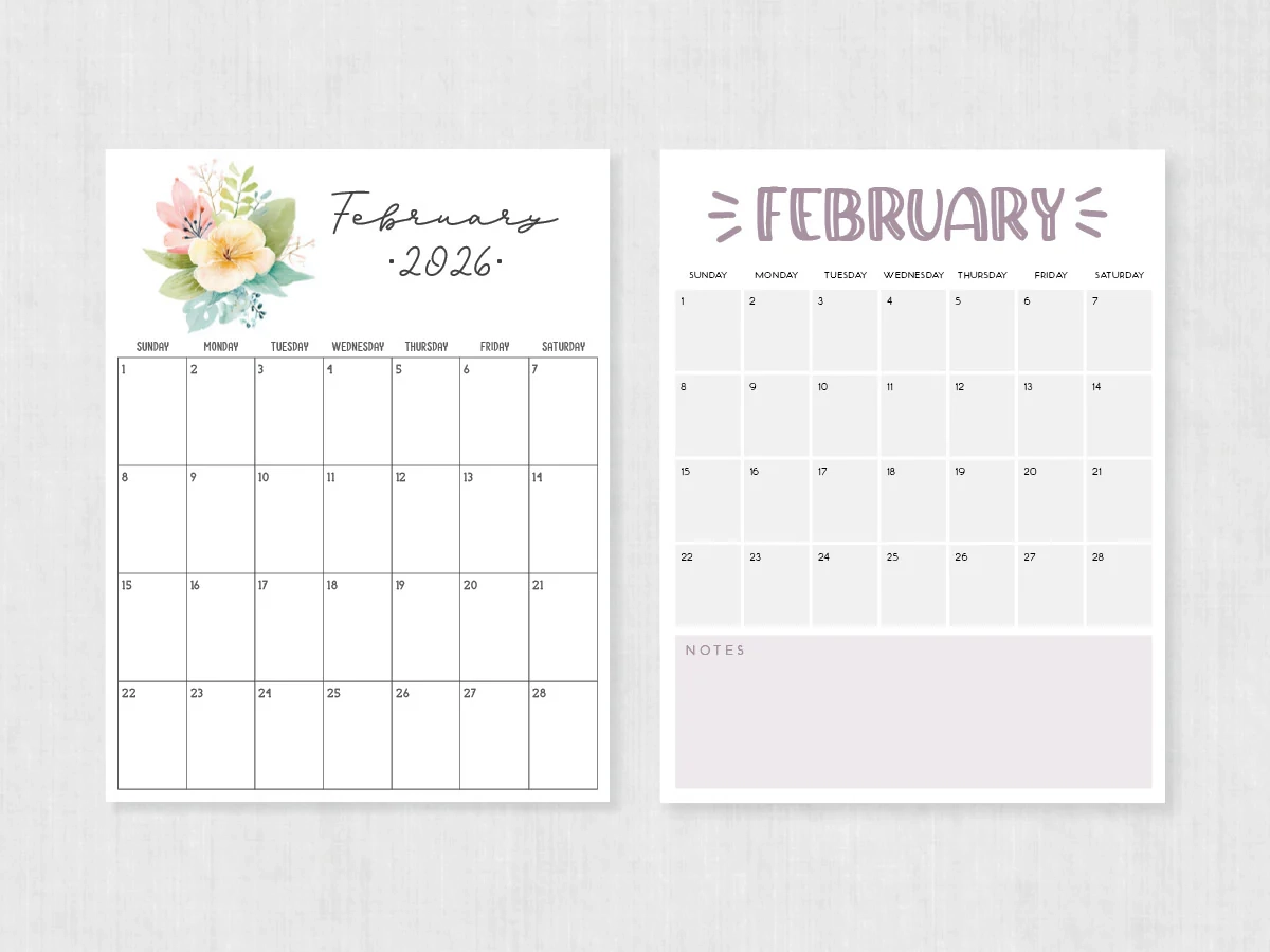 February 2026 Calendar Printable PDF Templates February 2026 Calendar Printable PDF Templates