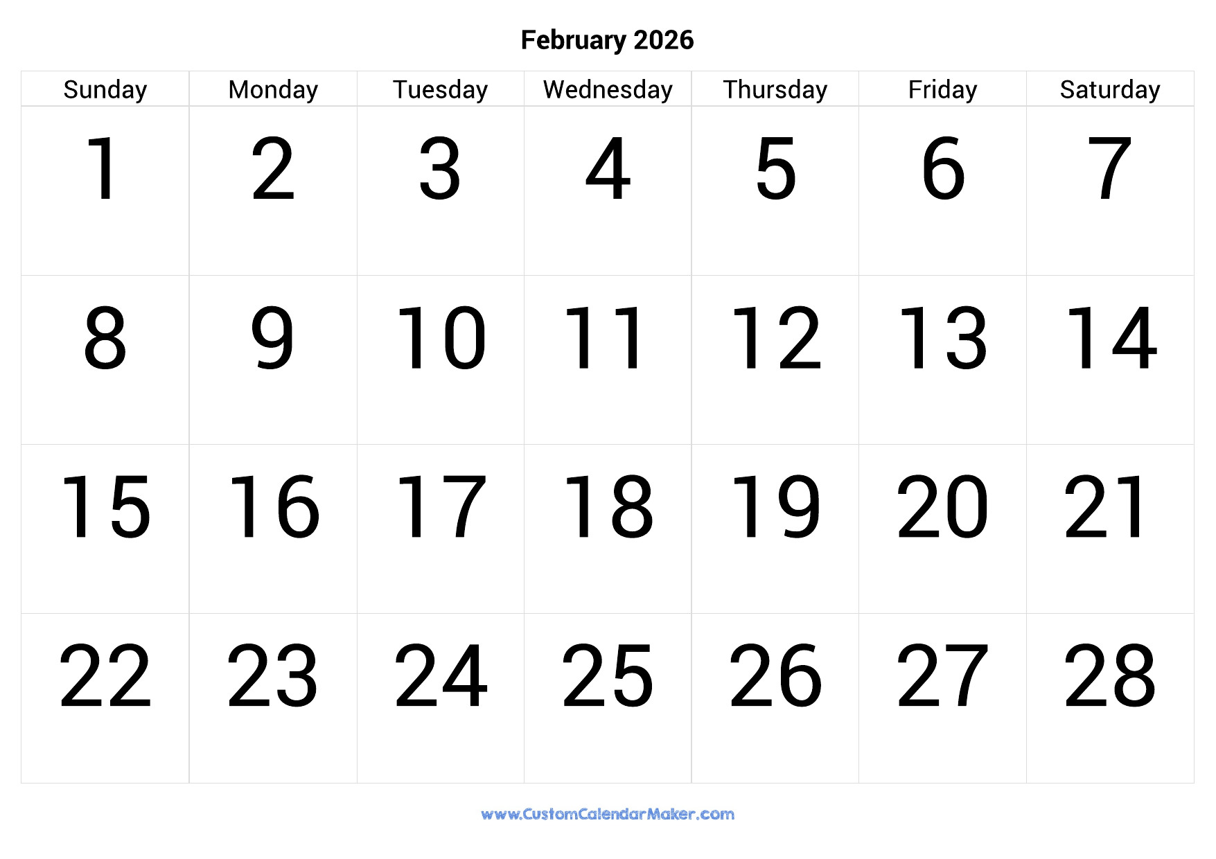 February 2026 Calendar Printable With Large Numbers Custom Calendar Maker February 2026 Calendar Printable With Large Numbers Custom Calendar Maker