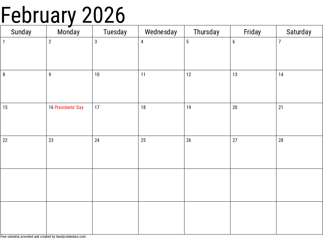February 2026 Calendar With Holidays Handy Calendars