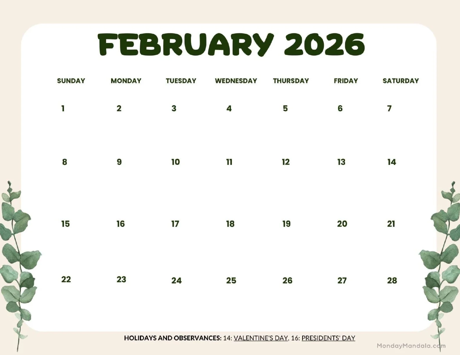 Blank Calendar For February 2026 Blank Calendar For February 2026