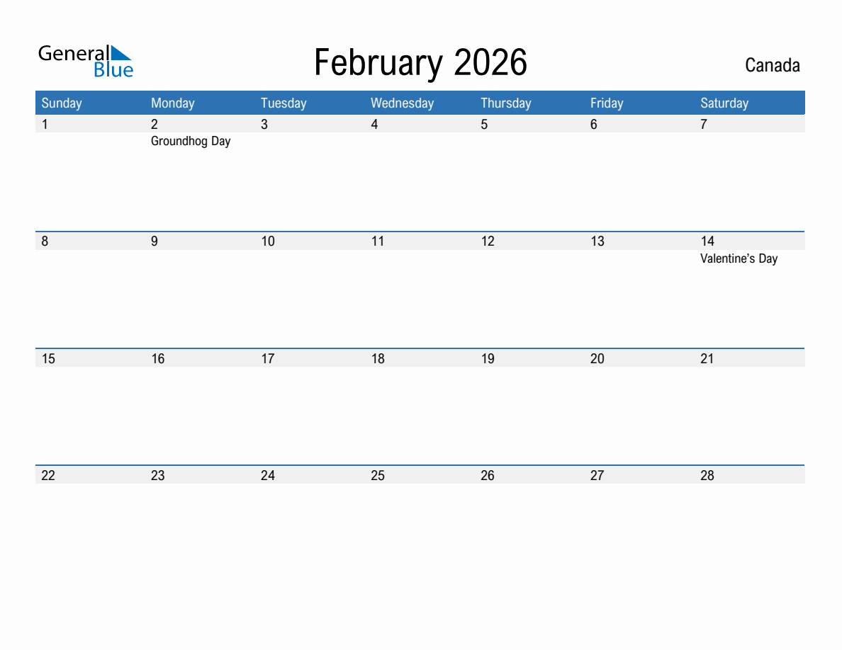 February 2026 Monthly Calendar With Canada Holidays February 2026 Monthly Calendar With Canada Holidays