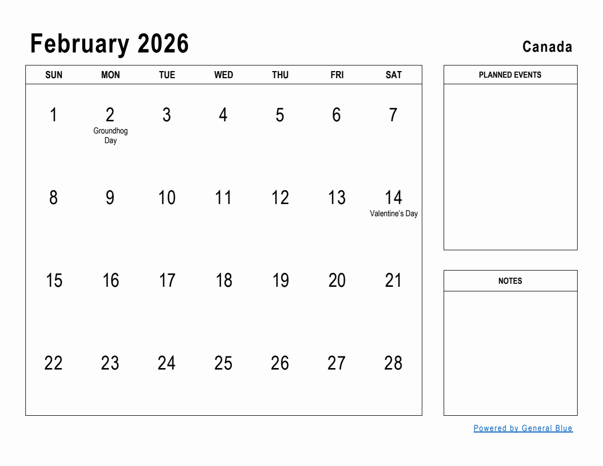 February 2026 Planner With Canada Holidays February 2026 Planner With Canada Holidays