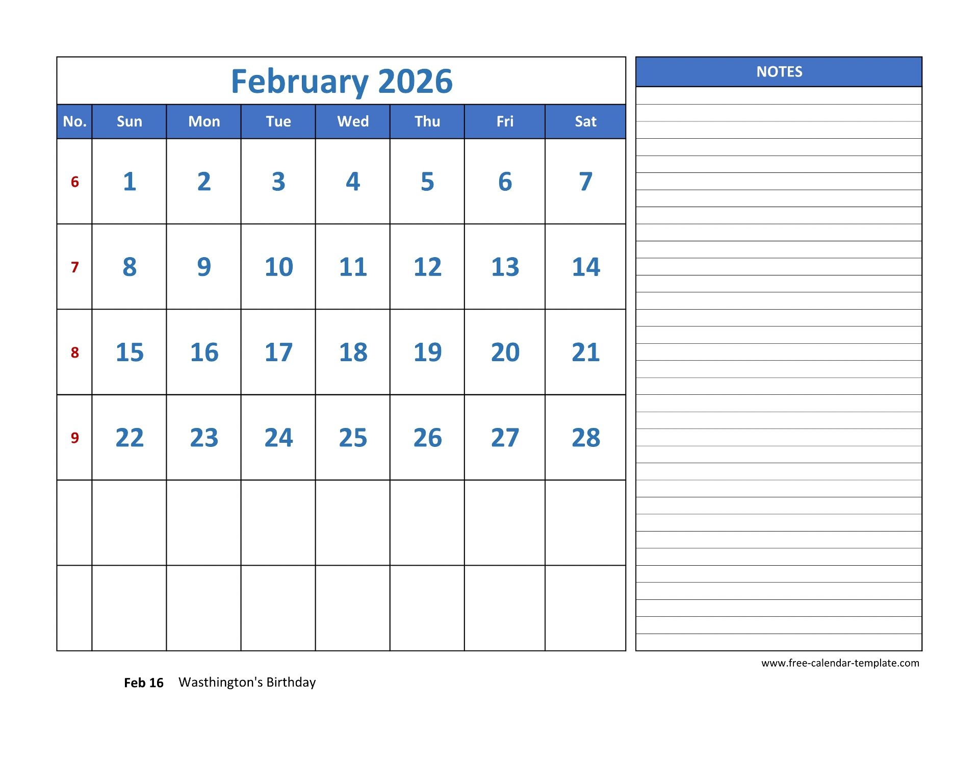 February Calendar 2026 Grid Lines For Holidays And Notes horizontal Free calendar template February Calendar 2026 Grid Lines For Holidays And Notes horizontal Free calendar template