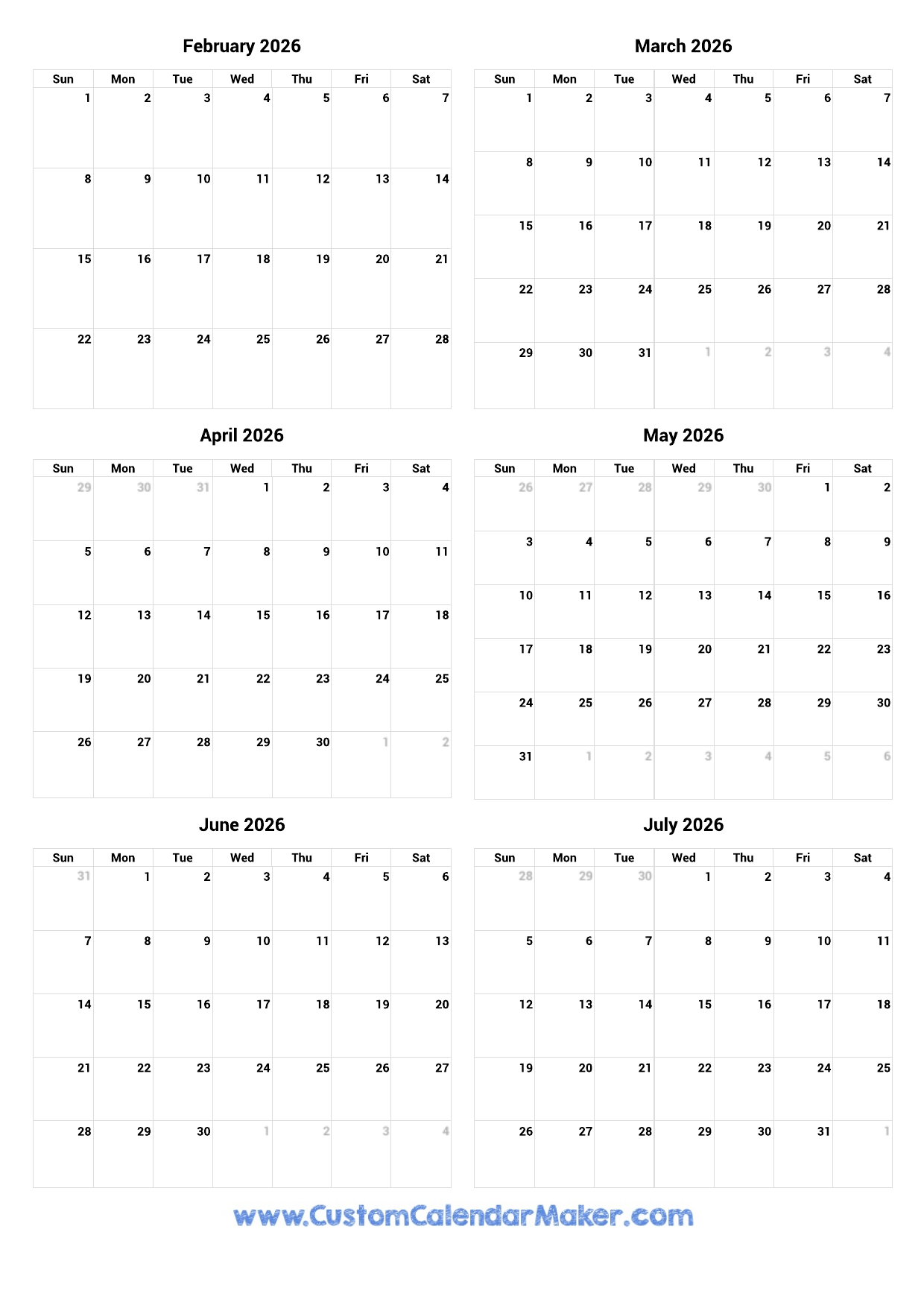 February To July 2026 Printable Calendar Custom Calendar Maker February To July 2026 Printable Calendar Custom Calendar Maker