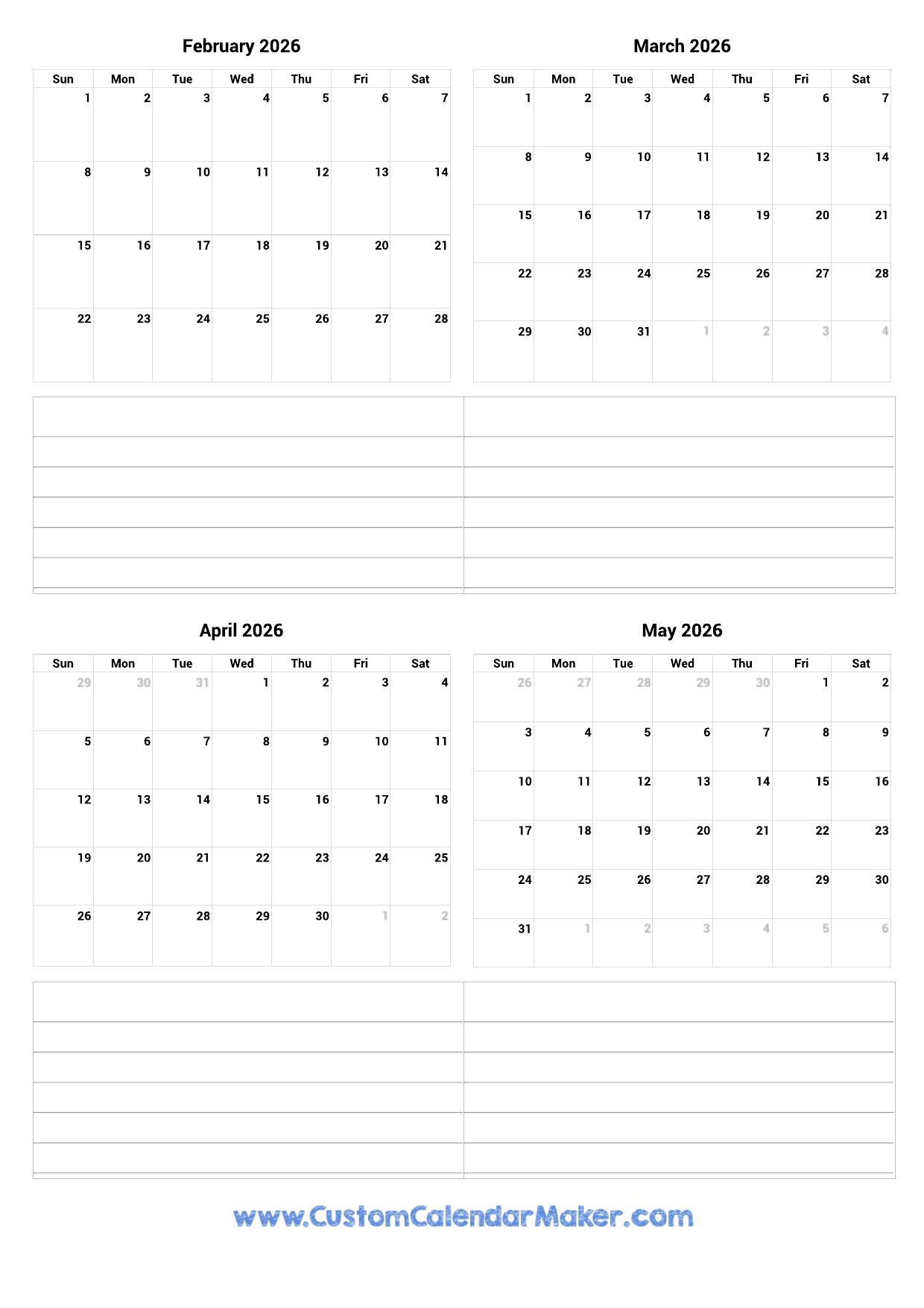 February To May 2026 Printable Calendar Custom Calendar Maker February To May 2026 Printable Calendar Custom Calendar Maker