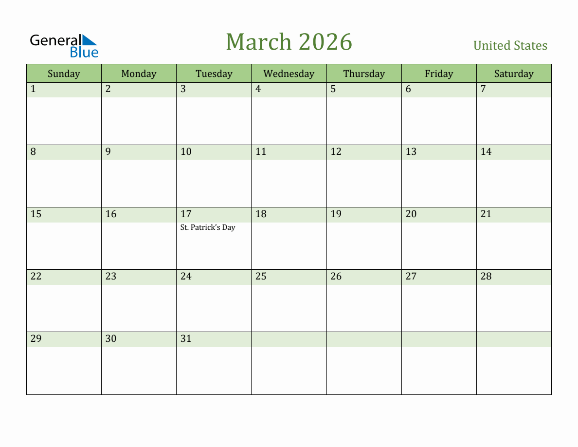 Fillable Holiday Calendar For United States March 2026