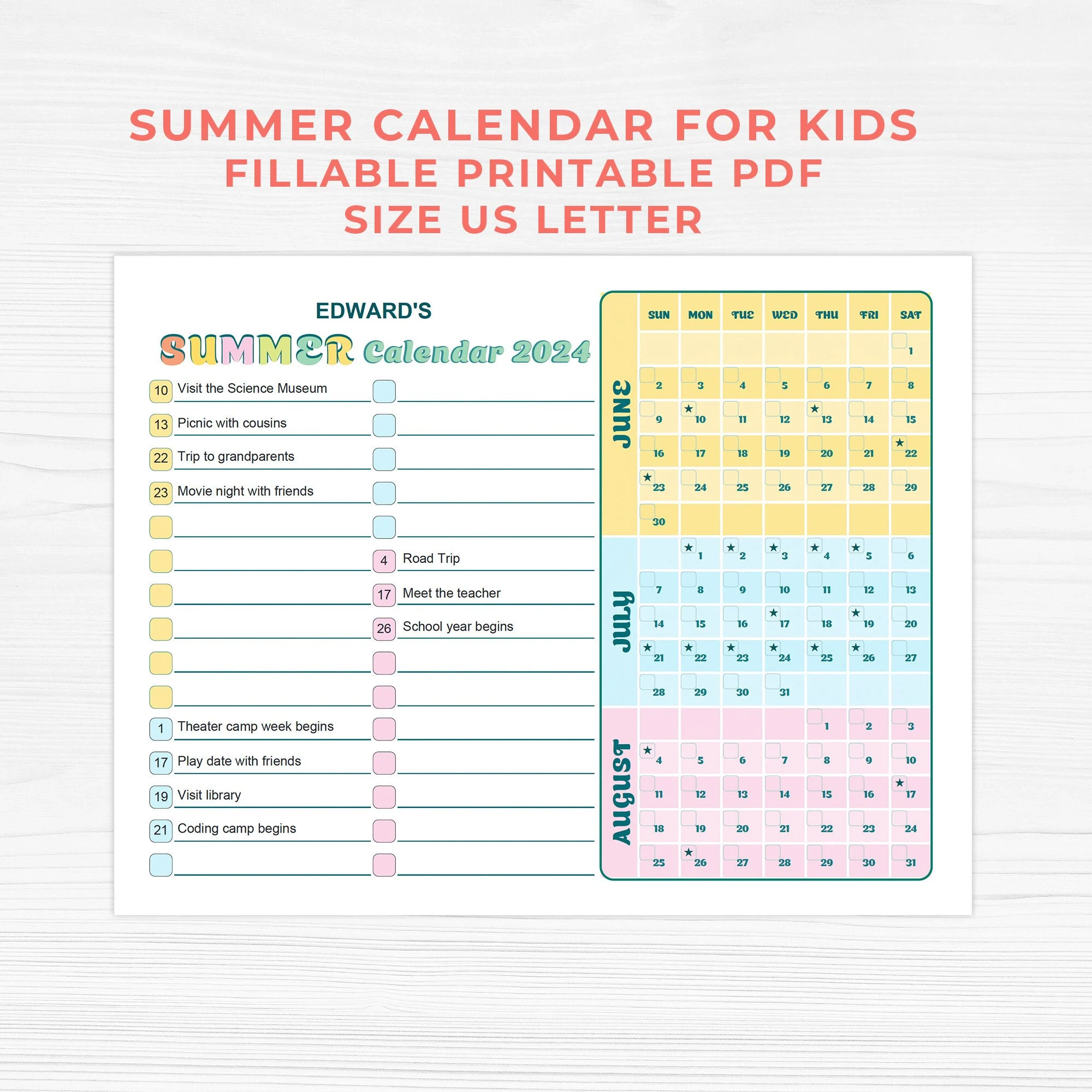 Fillable Summer Calendar For Kids Printable Summer Calendar 2025 Color Coded Mark The Calendar Organization For Kids Etsy
