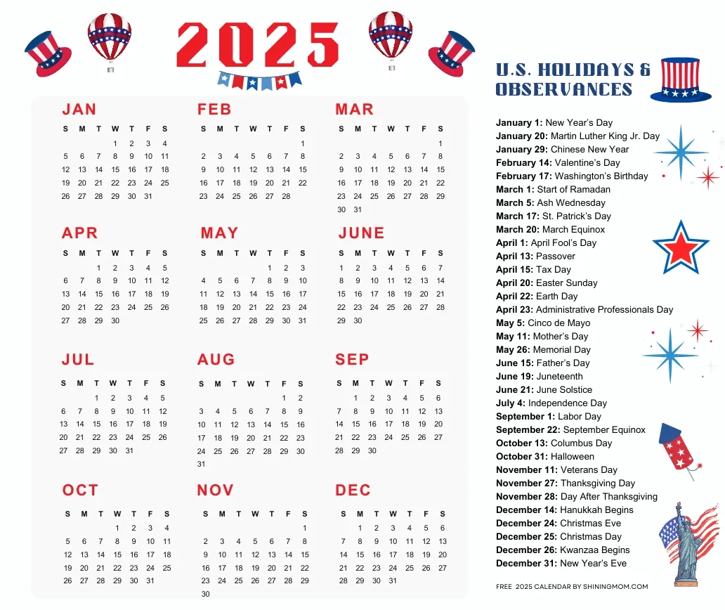 Free 2025 Calendar With Holidays In The USA Free 2025 Calendar With Holidays In The USA