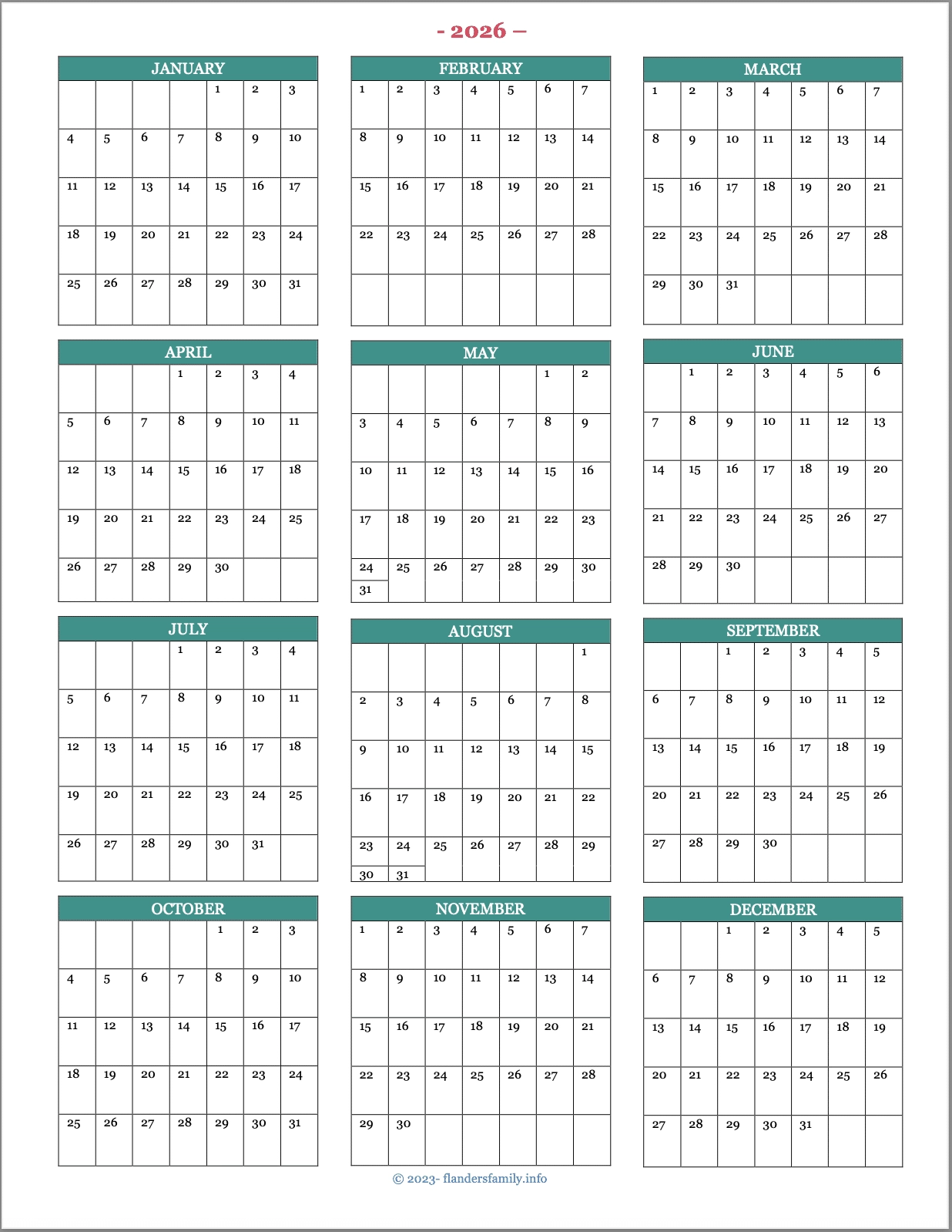 2026 Blank Printable Calendar