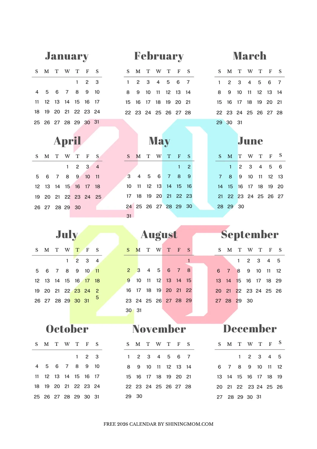 Free 2026 Yearly Calendar Printables Best One Page Templates Free 2026 Yearly Calendar Printables Best One Page Templates
