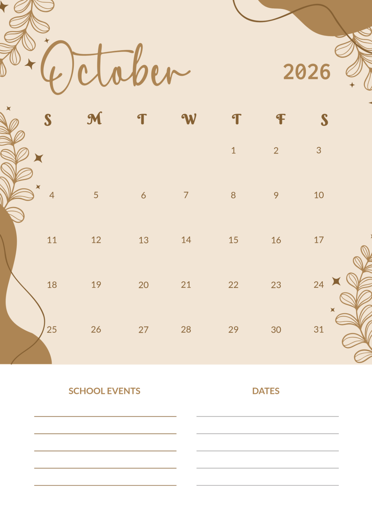 October 2026 Printable Blank Calendar October 2026 Printable Blank Calendar