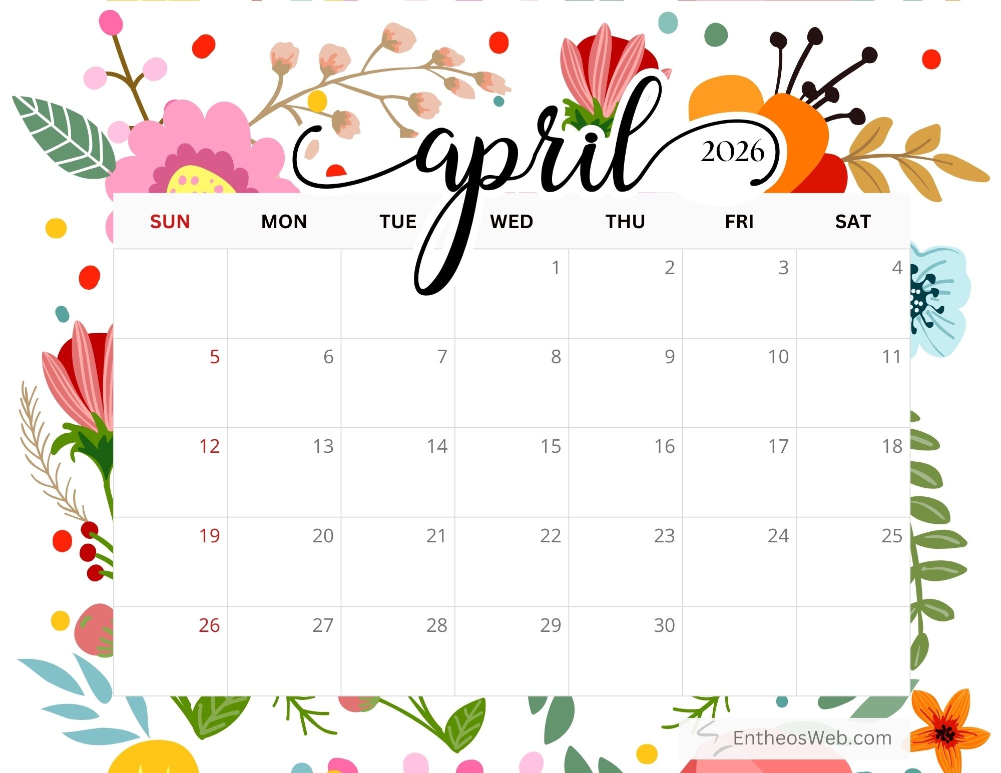 Free April 2026 Printable Calendars EntheosWeb