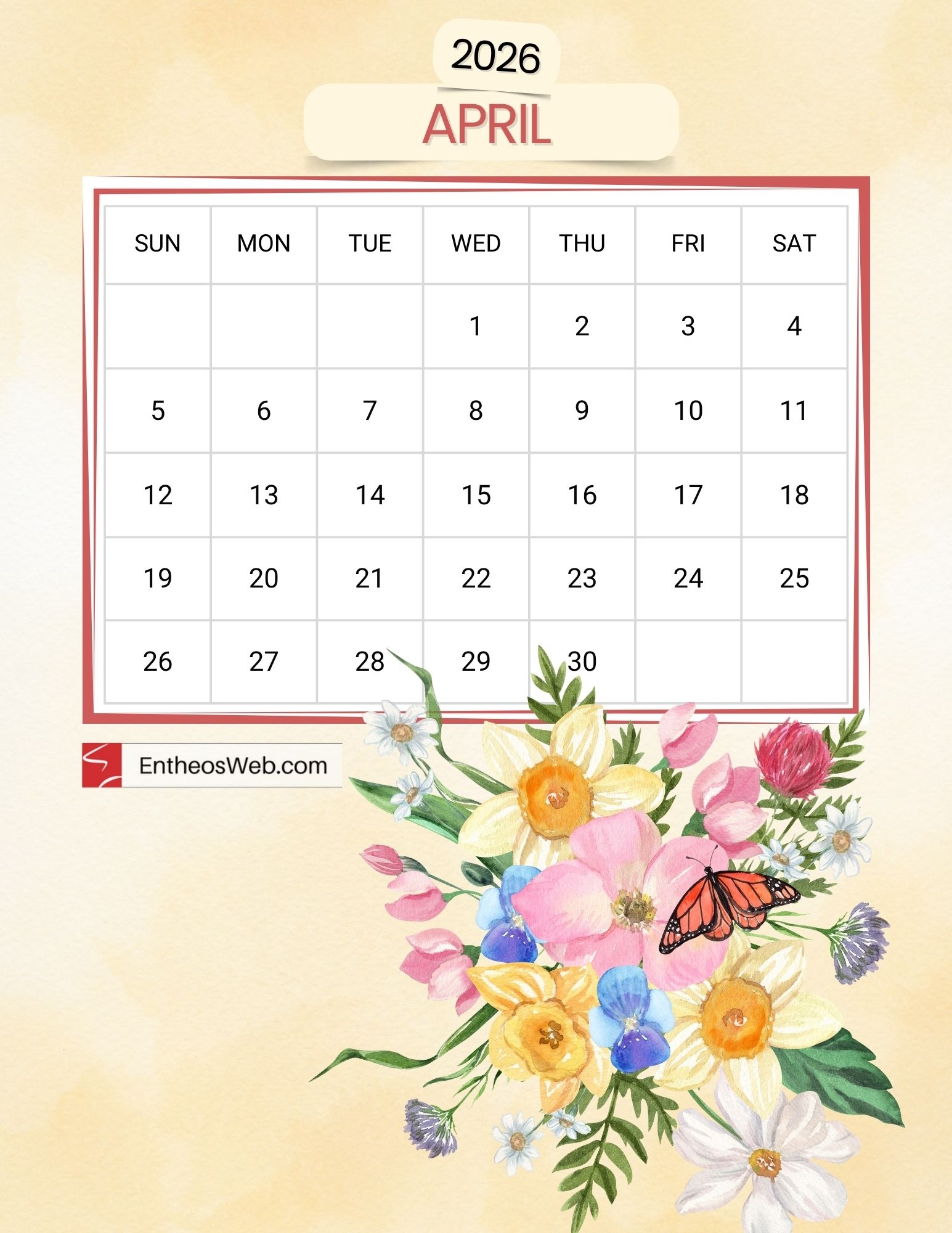 Free April 2026 Printable Calendars EntheosWeb