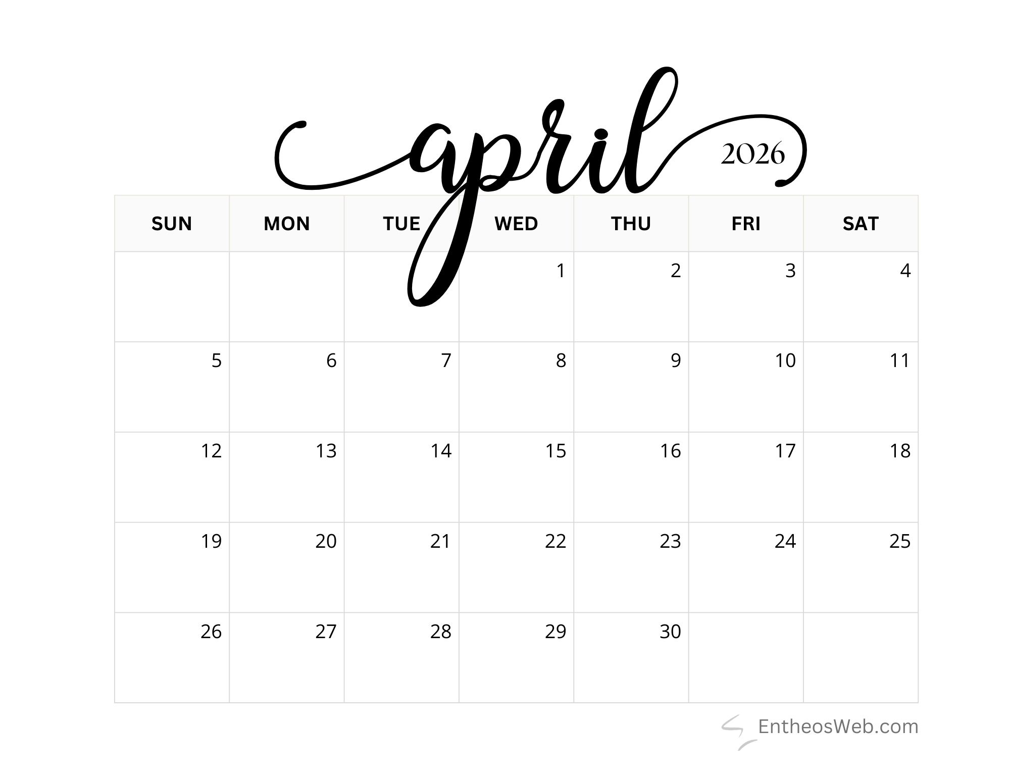 Free April 2026 Printable Calendars EntheosWeb
