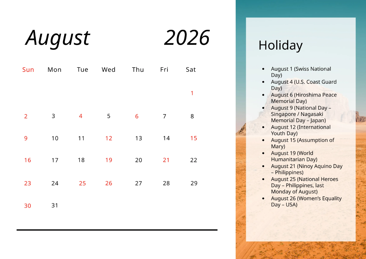 Free August 2026 Calendar With Holidays Template To Edit Online