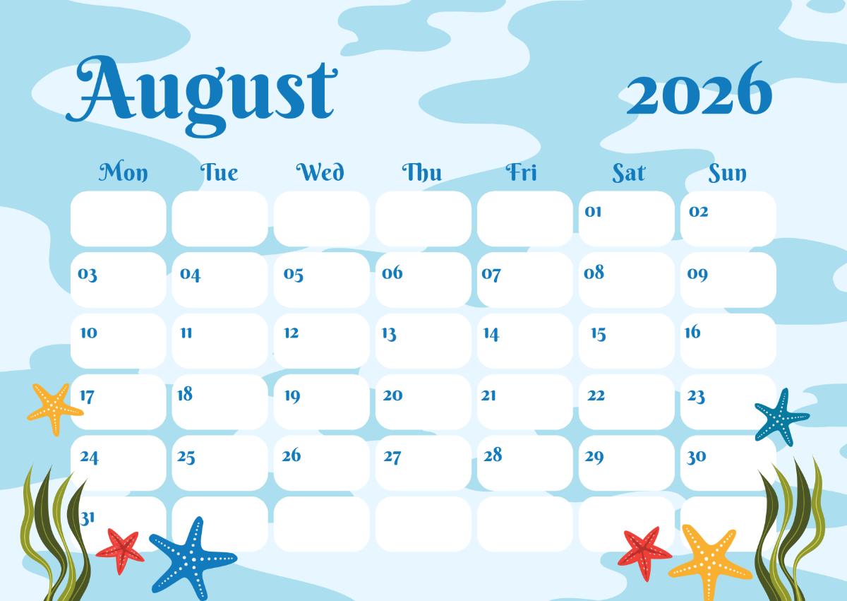 Aug Blank Calendar 2026