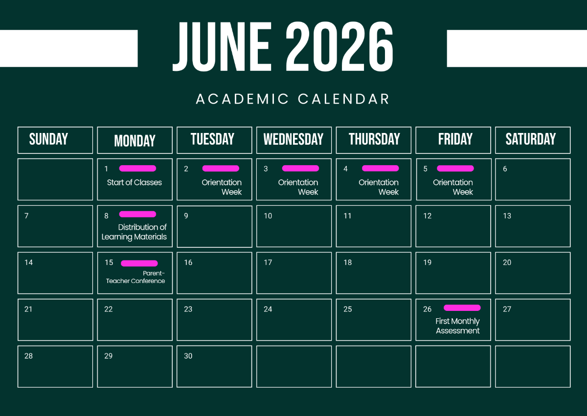 Free Blank June 2026 Academic Calendar Template To Edit Online