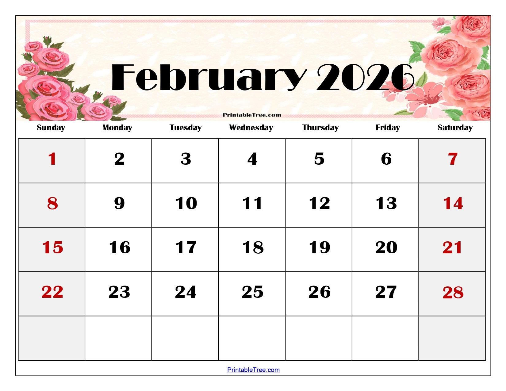 Blank February 2026 Calendar Printable Free Blank February 2026 Calendar Printable Free