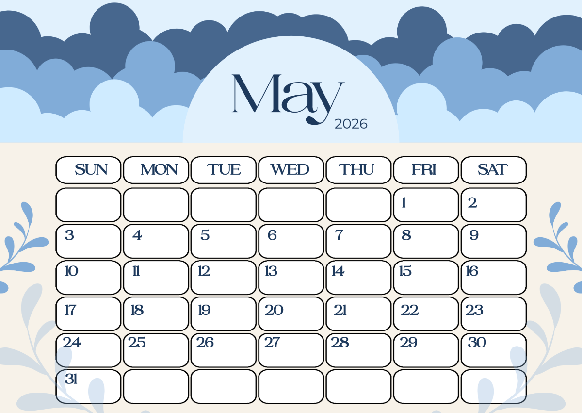 Free Chic Blue May 2026 Calendar Template To Edit Online