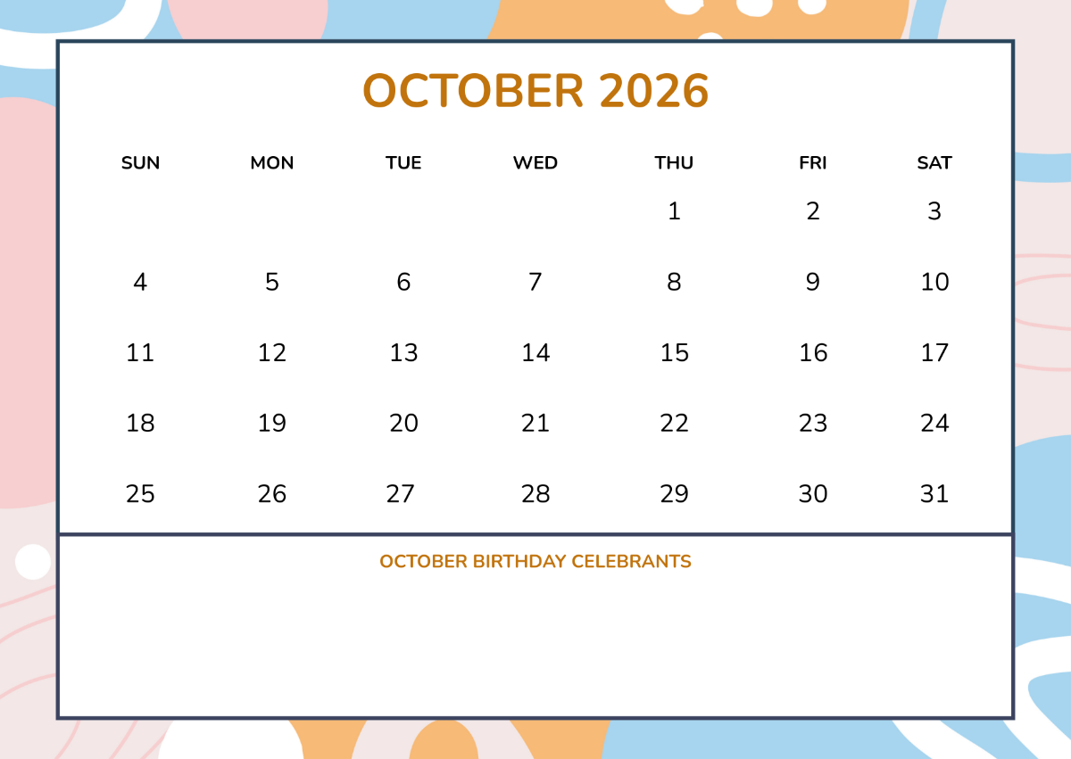Free Colorful October 2026 Birthday Calendar Template To Edit Online