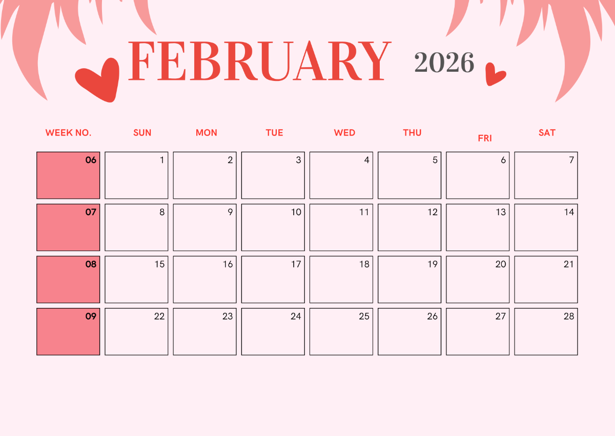 Free February 2026 Calendar With Week Numbers Template To Edit Online Free February 2026 Calendar With Week Numbers Template To Edit Online