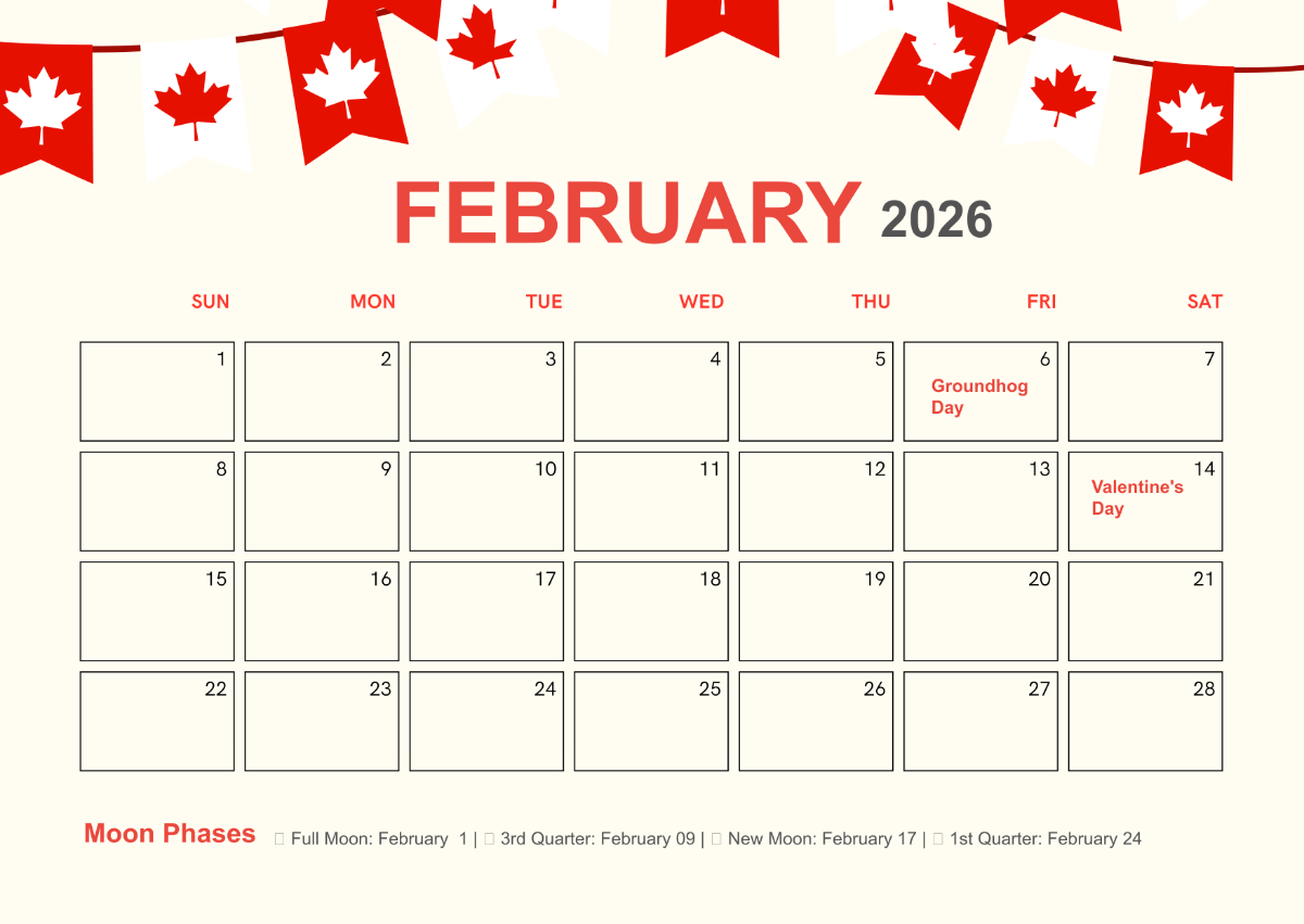 Free February 2026 Canada Calendar Template To Edit Online Free February 2026 Canada Calendar Template To Edit Online
