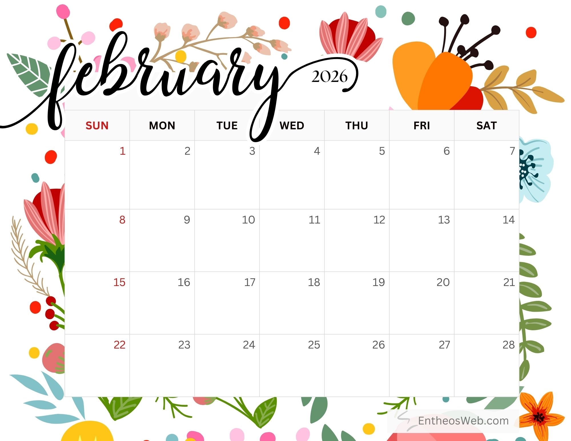Free February 2026 Printable Calendars EntheosWeb Free February 2026 Printable Calendars EntheosWeb