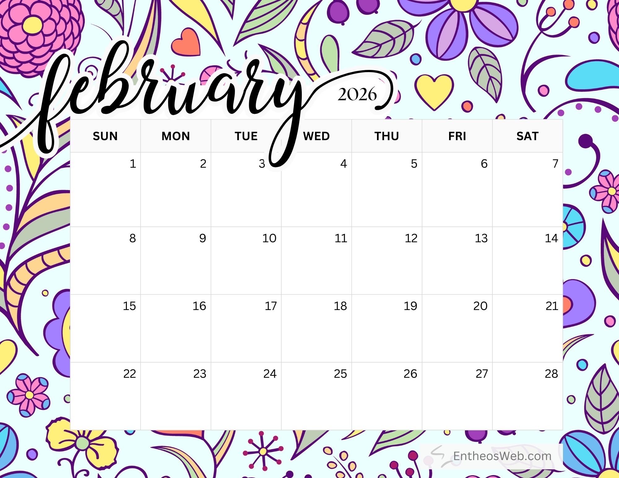 Free Printable Blank February 2026 Calendar Free Printable Blank February 2026 Calendar