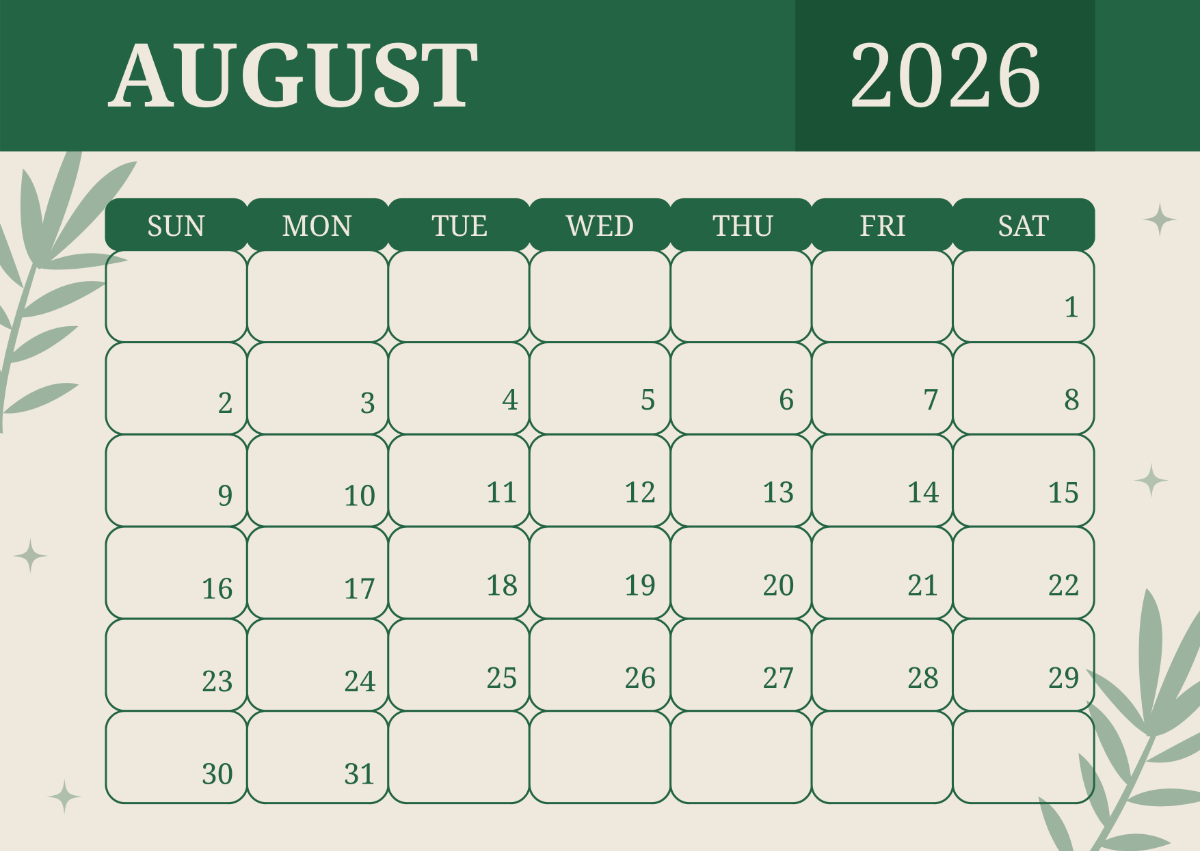 Free Green Organic August 2026 Calendar Template To Edit Online
