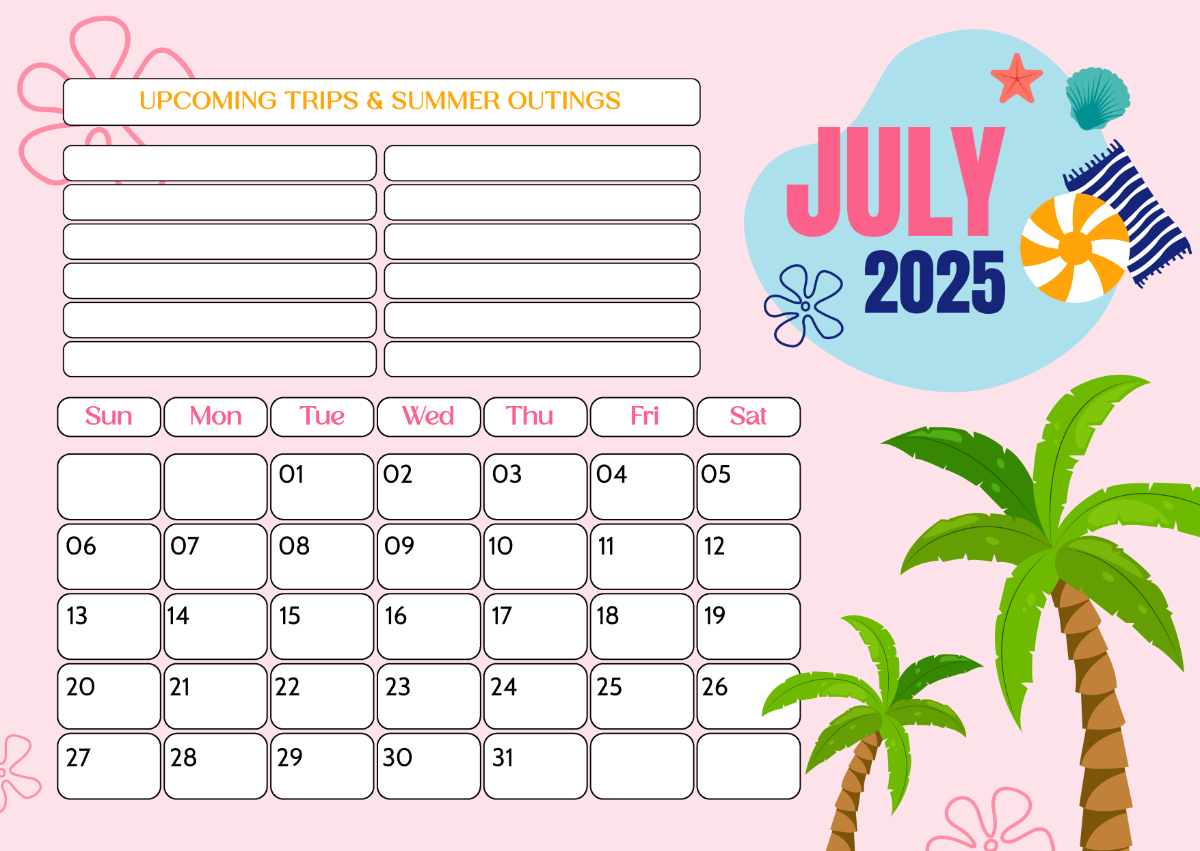 Free Printable Calendar Summer 2025