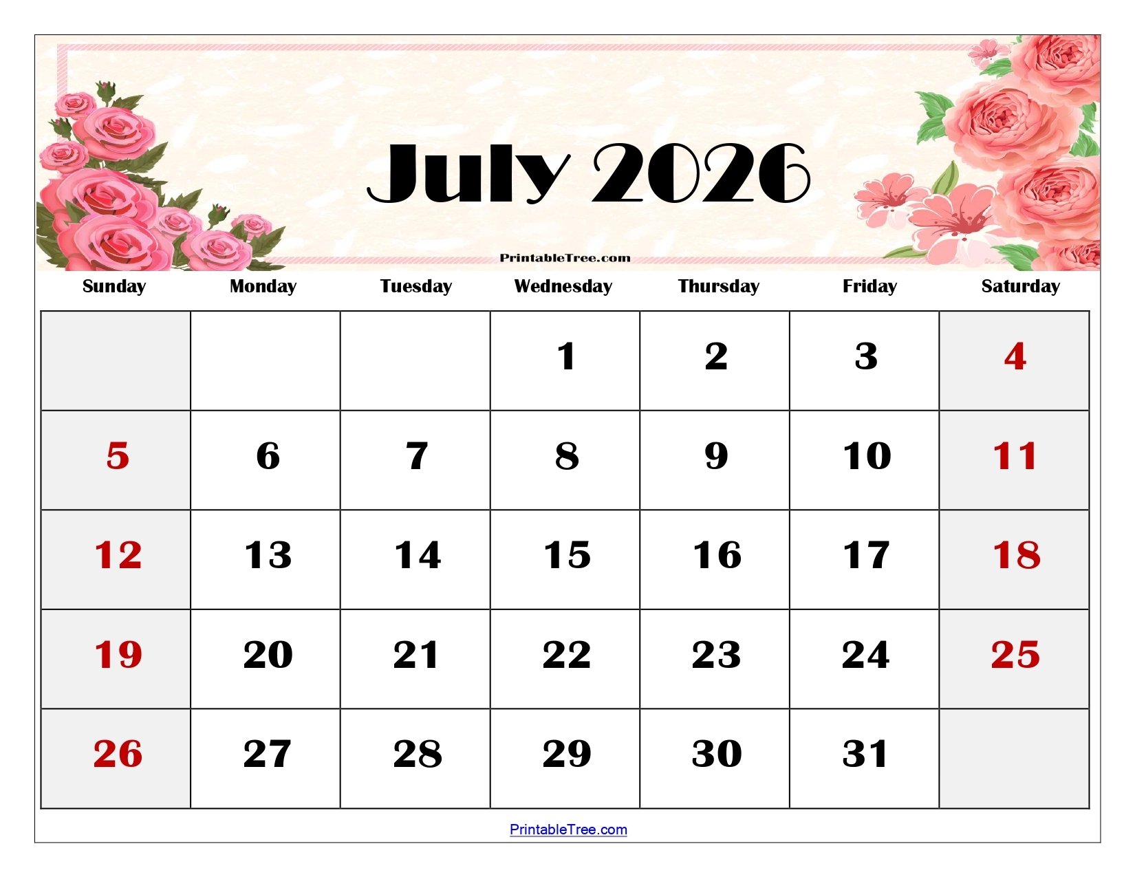 July 2026 Blank Calendar Template