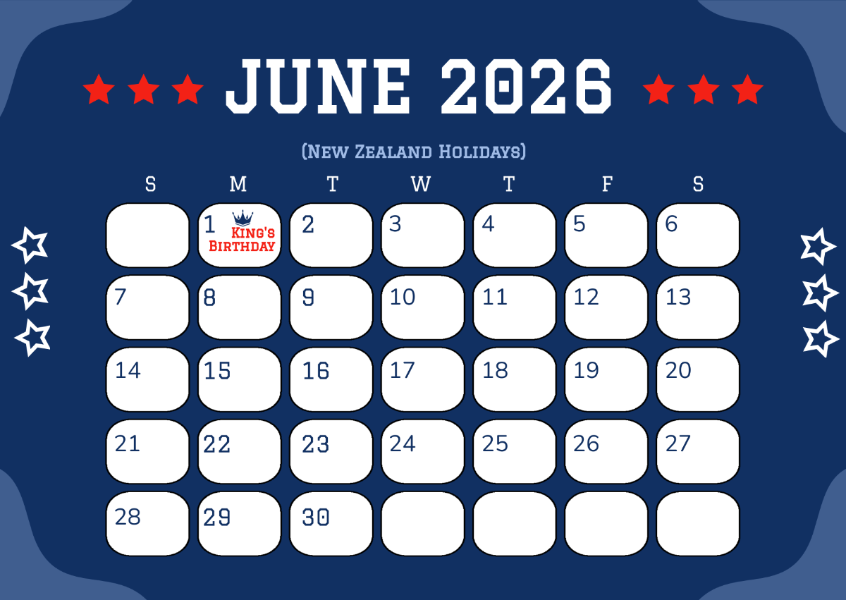Free June 2026 New Zealand Calendar Template To Edit Online
