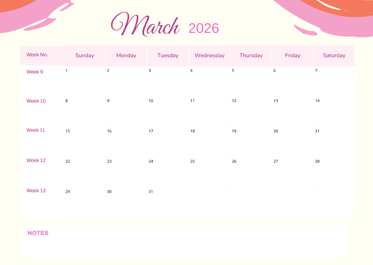 Blank March Calendar 2026 Printable