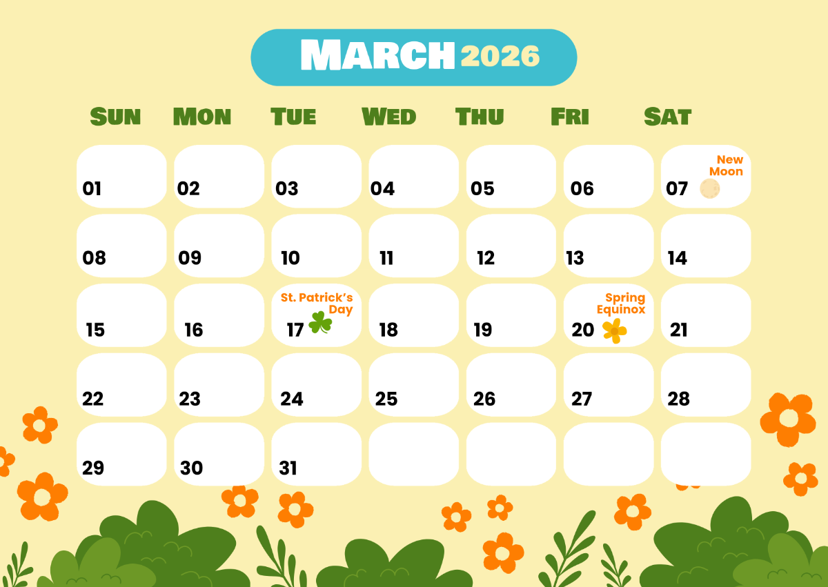 Free March 2026 Monthly Calendar Template To Edit Online