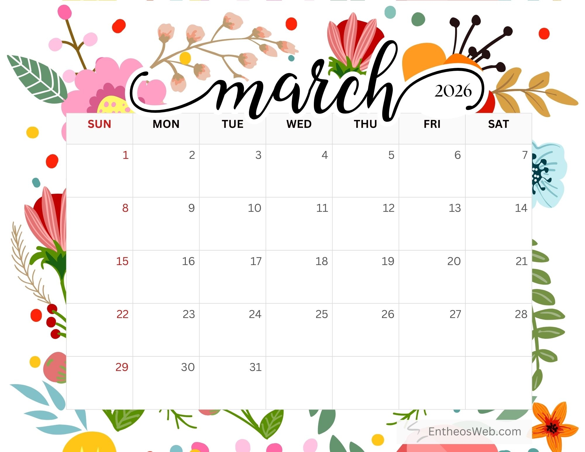 Free March 2026 Printable Calendars EntheosWeb