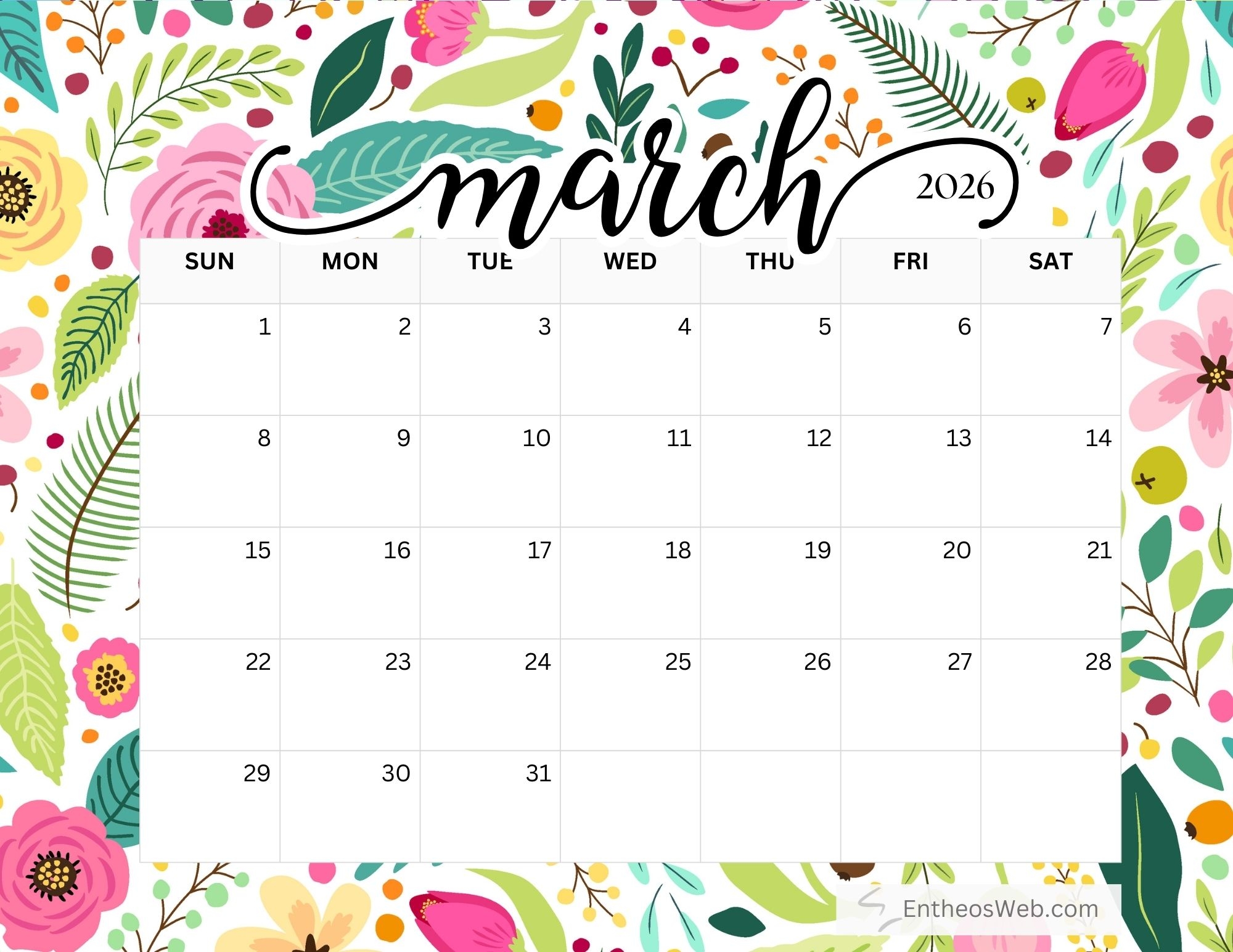 Free March 2026 Printable Calendars EntheosWeb Free March 2026 Printable Calendars EntheosWeb