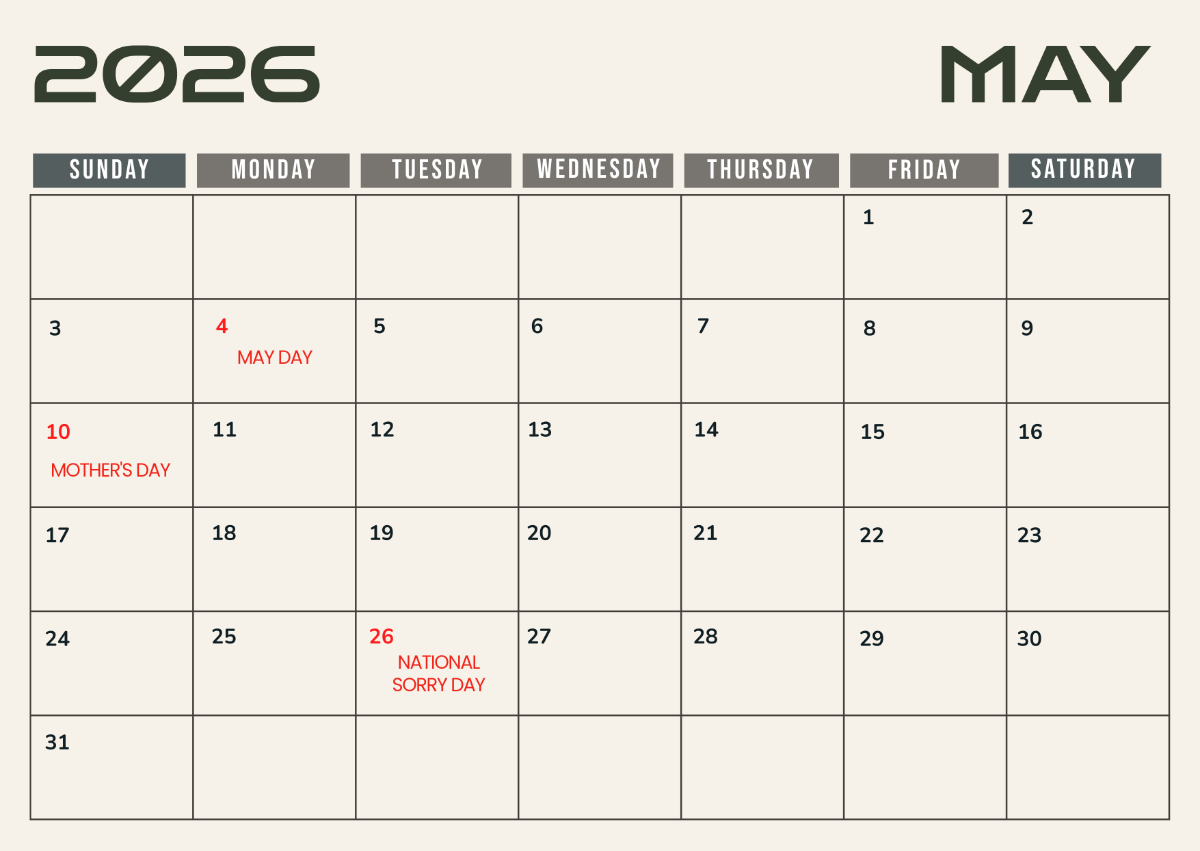 Free May 2026 Calendar Templates To Edit Online Free May 2026 Calendar Templates To Edit Online