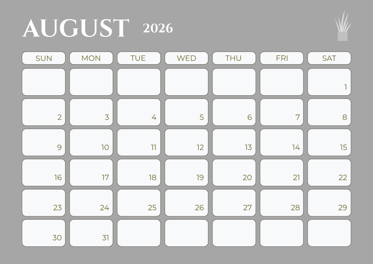 Blank August 2026 Calendar Editable