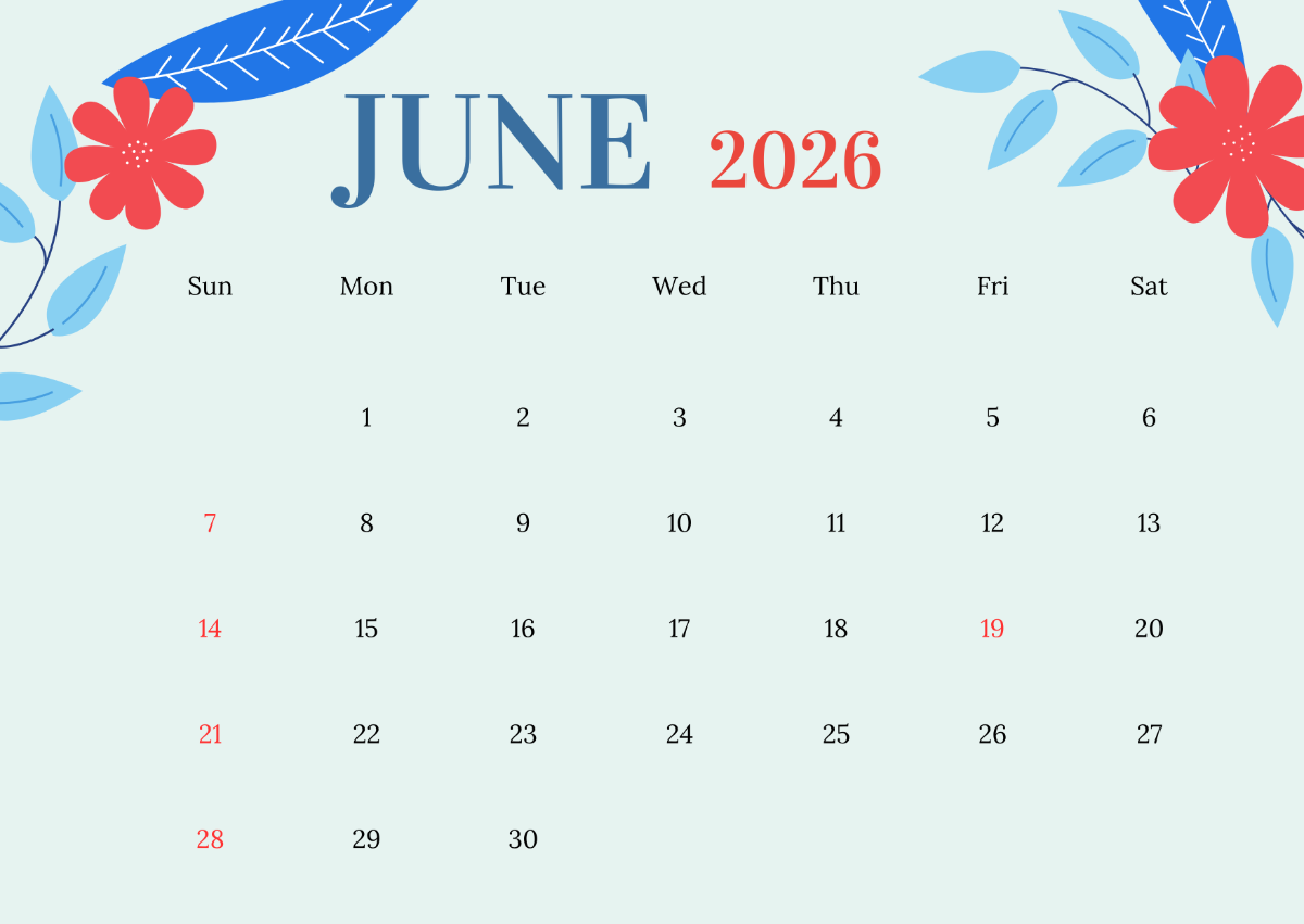 June 2026 Blank Calendar Pdf