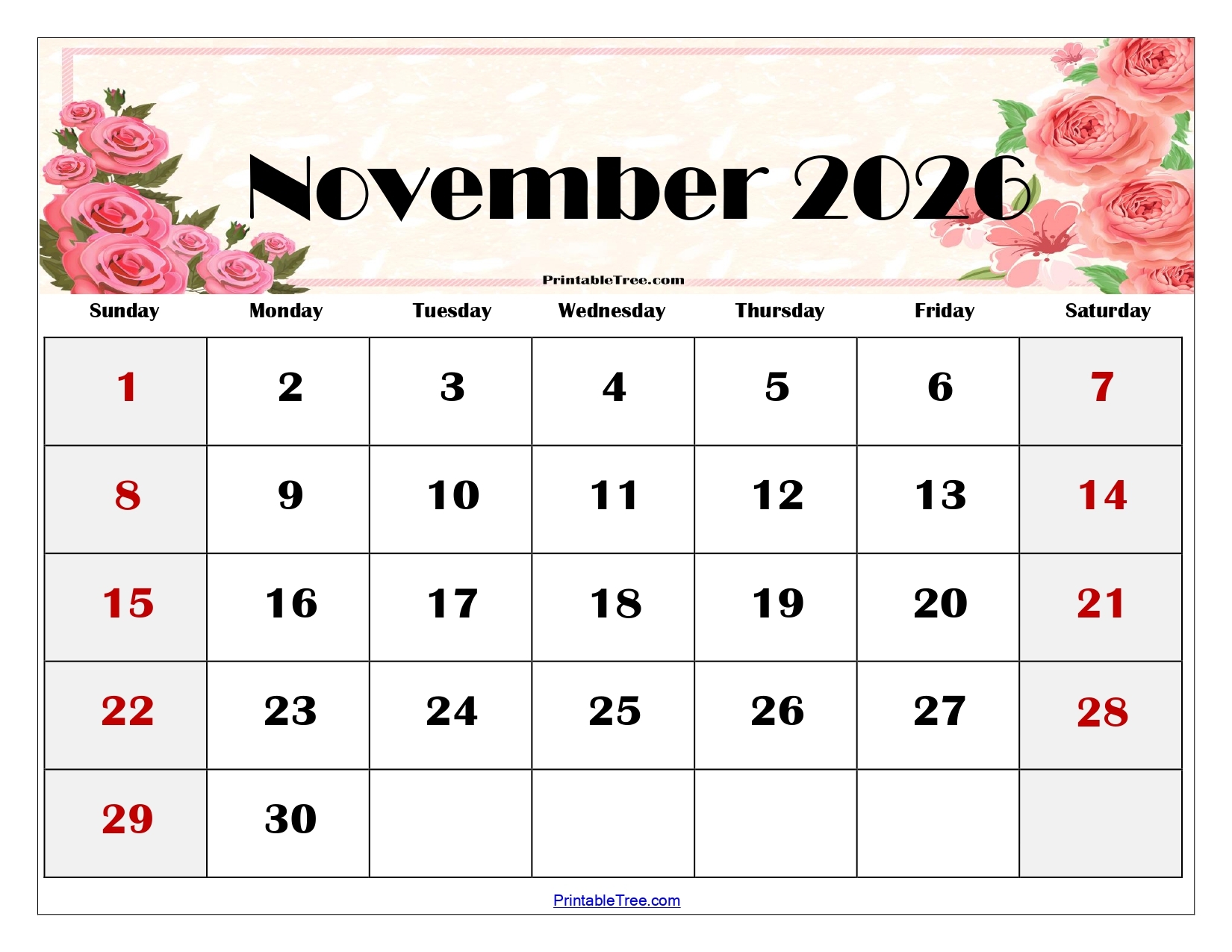 November Blank Calendar 2026