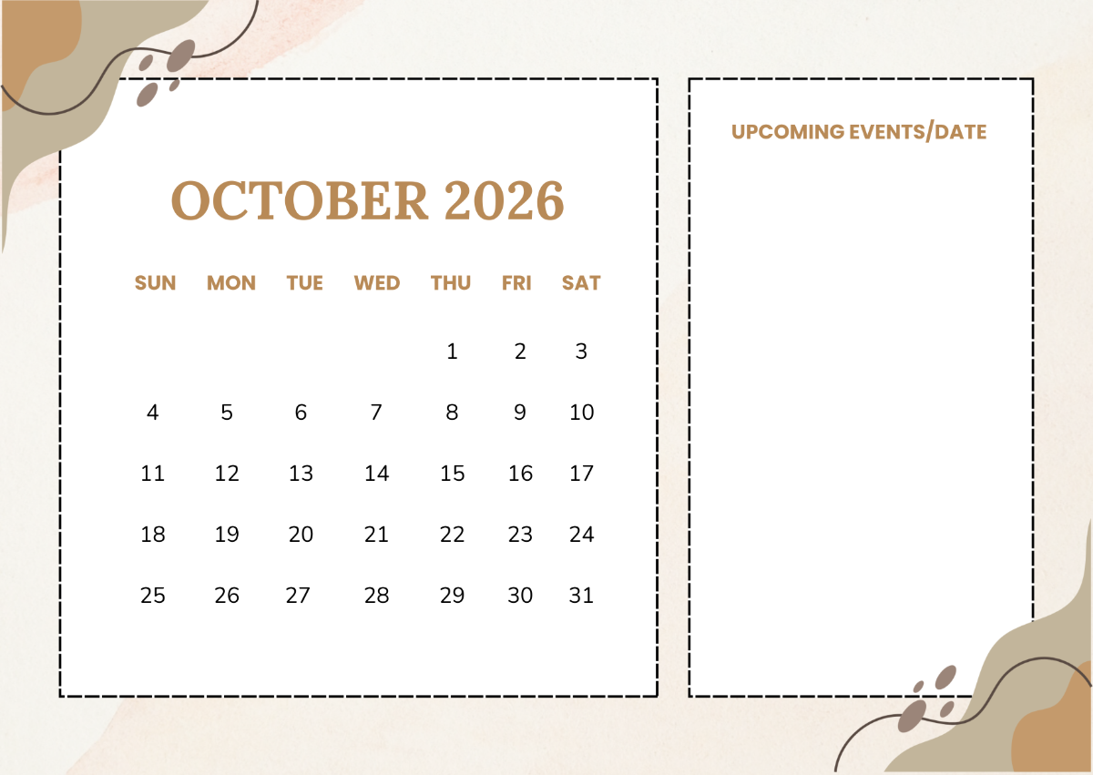 Free October 2026 Calendar With Events Section Template To Edit Online Free October 2026 Calendar With Events Section Template To Edit Online